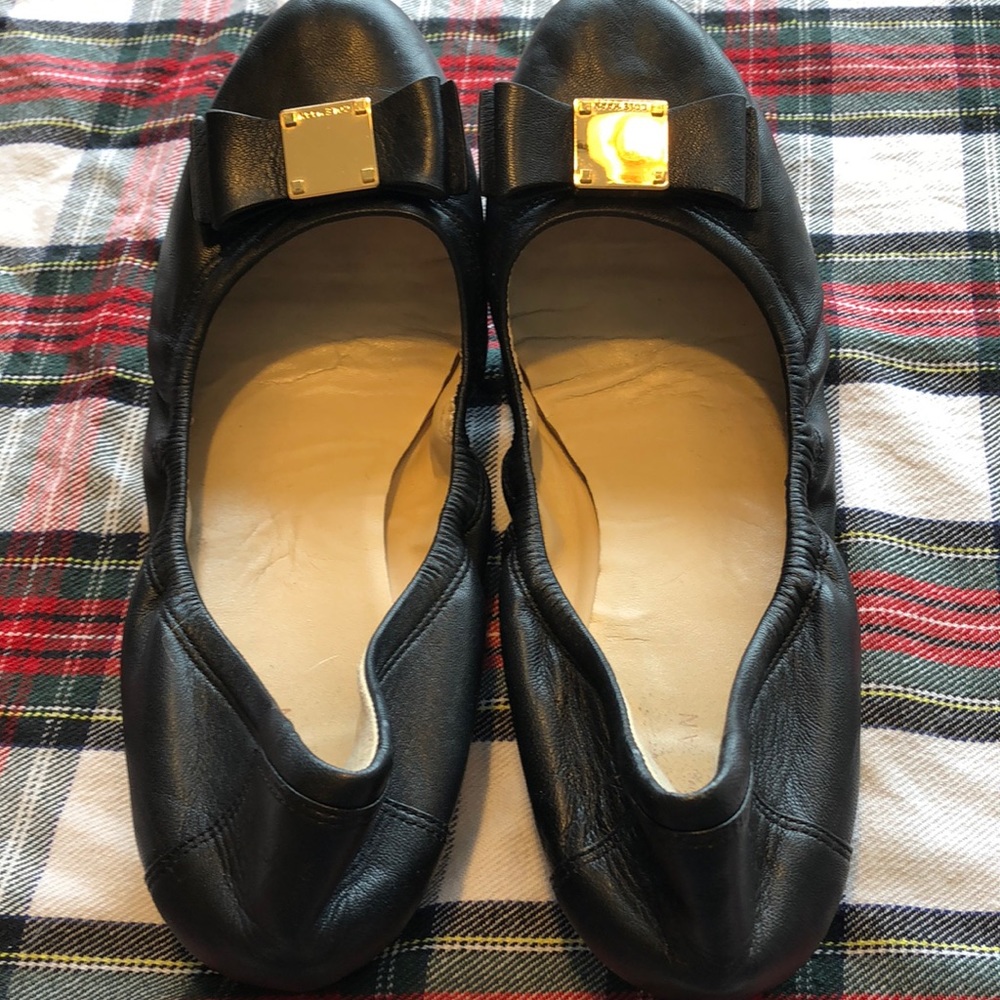 Cole Haan Black Leather Bow Ballet Flats with Gold Accent
